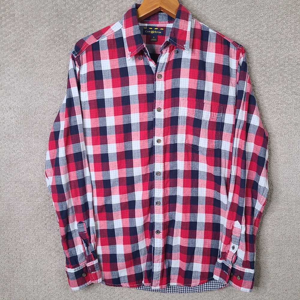 Club Room Shirt Mens Medium Red Blue Plaid Button Down Cotton Long Sleeve Casual